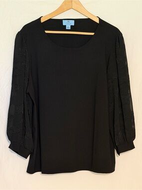 NWOT CeCe Black Mixed Media Blouse Sheer Lace Embroidered 3/4 Puff Sleeve Top